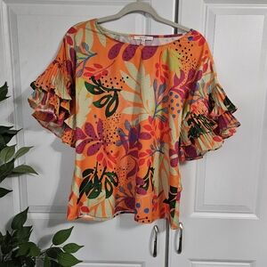Pastels Vibrant Orange Ruffle Sleeve Blouse
